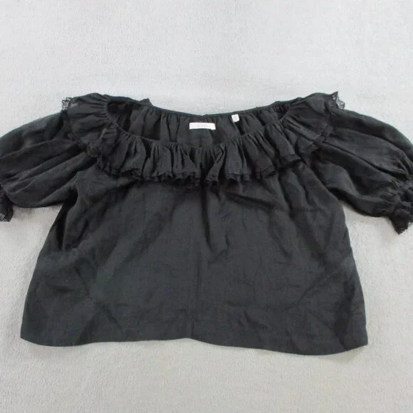 DOEN Samara Top Womens Small Black Ramie Tencel Blend Lace Ruffles Puff Sleeve - Picture 2 of 14